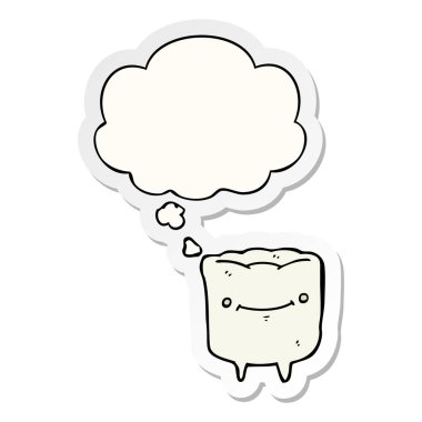 karikatür mutlu diş ve baskılı bir etiket olarak kabarcık düşünce