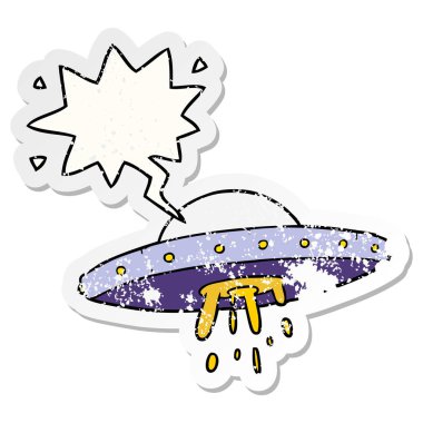çizgi film uçan Ufo ve konuşma balonu sıkıntılı etiket