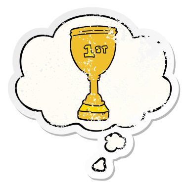 karikatür spor kupa ve sıkıntılı yıpranmış st olarak kabarcık düşünce