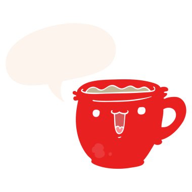 retro tarzı sevimli karikatür kahve fincanı ve konuşma balonu