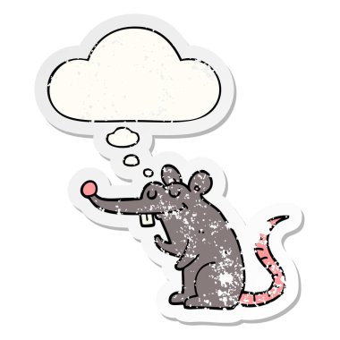 bir sıkıntılı yıpranmış etiket olarak karikatür sıçan ve düşünce balonu
