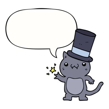 çizgi film kedi üst şapka ve konuşma balonu giyiyor