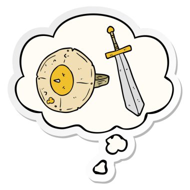 karikatür kalkan ve kılıç ve baskılı bir etiket olarak kabarcık düşünce