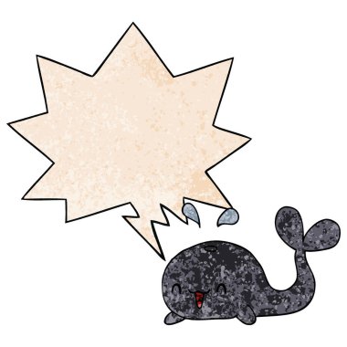 retro doku tarzında karikatür mutlu balina ve konuşma balonu