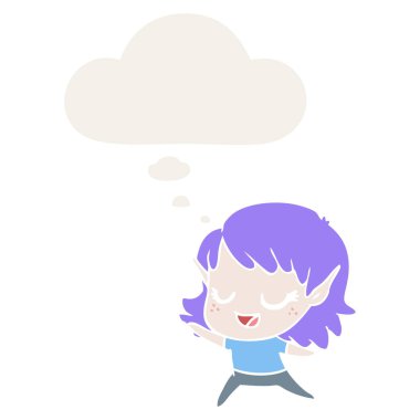 karton mutlu elf kız dans ve retro tarzında kabarcık düşünce