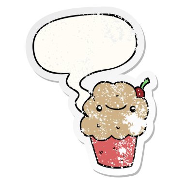 karikatür cupcake ve konuşma balonu sıkıntılı etiket