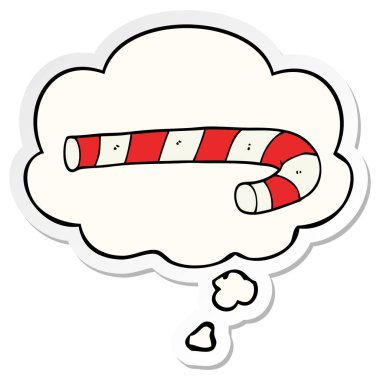 karikatür şeker kamışı ve baskılı bir etiket olarak kabarcık düşünce