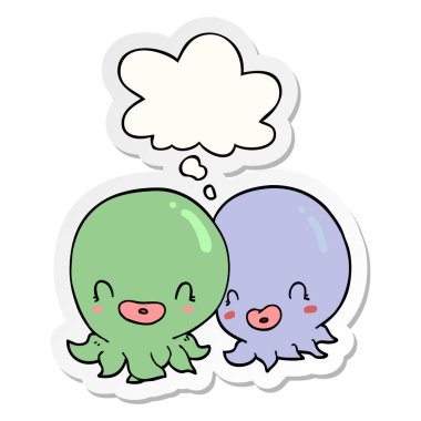 iki karikatür ahtapot ve baskılı bir etiket olarak kabarcık düşünce