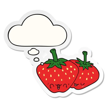 karikatür çilek ve baskılı bir etiket olarak kabarcık düşünce