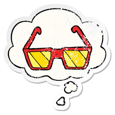 karikatür gözlük ve sıkıntılı yıpranmış etiket olarak kabarcık düşünce