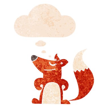 retro dokulu tarzda karikatür tilki ve düşünce balonu