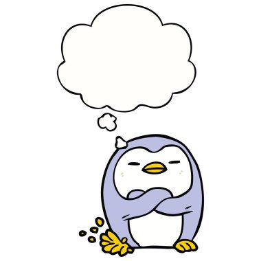karikatür penguen dokunarak ayak ve düşünce balonu