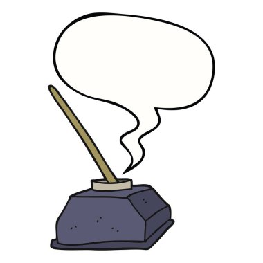 karikatür eski mürekkep pot ve kalem ve konuşma balonu