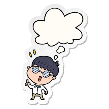 karikatür akıllı çocuk ve baskılı bir etiket olarak kabarcık düşündüm