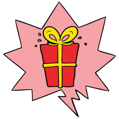 karikatür sarılmış hediye ve konuşma balonu