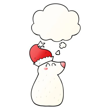 karikatür ayı noel şapkası giyen ve pürüzsüz bir düşünce balonu 