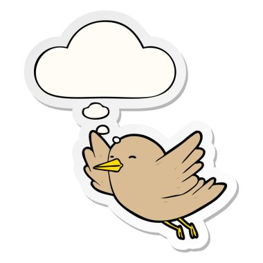 karikatür kuş ve baskılı bir etiket olarak kabarcık düşünce
