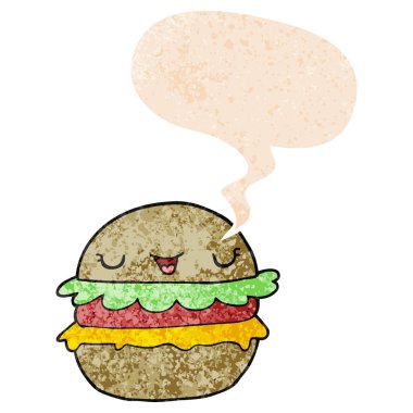 retro dokulu tarzda karikatür burger ve konuşma balonu