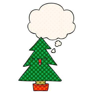 çizgi film noel ağacı ve çizgi roman tarzında düşünce balonu