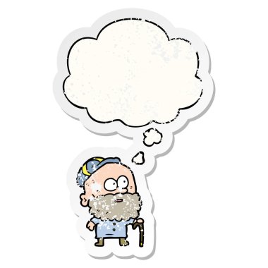 baston ve bir distr olarak kabarcık düşünce ile karikatür yaşlı adam