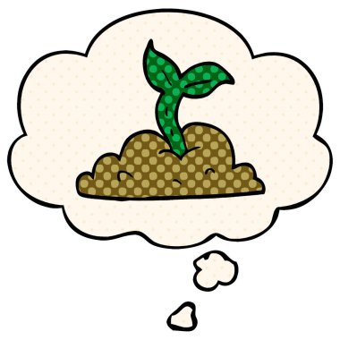 çizgi roman tarzında çizgi film büyüyen fide ve düşünce balonu