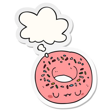 karikatür donut ve baskılı bir etiket olarak düşünce balonu