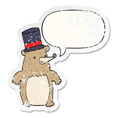 üst şapka ve konuşma balonu sıkıntılı etiket karikatür ayı