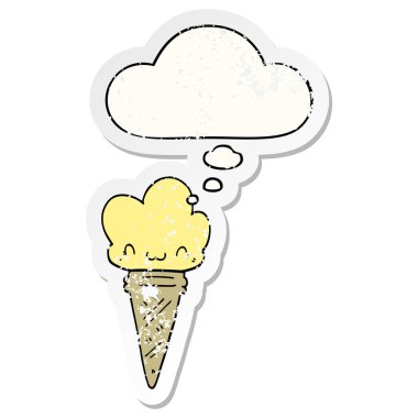 sıkıntılı bir w olarak yüz ve düşünce balonu ile karikatür dondurma