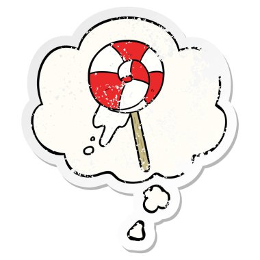 karikatür lolipop ve sıkıntılı yıpranmış etiket olarak kabarcık düşünce