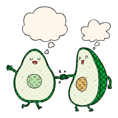 çizgi film dans avokado ve çizgi roman tarzında düşünce balonu