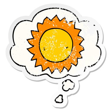 karikatür güneş ve sıkıntılı yıpranmış etiket olarak kabarcık düşünce