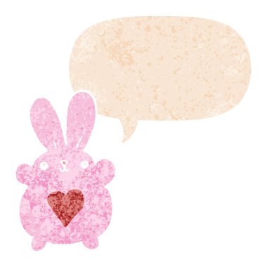 retro t aşk kalp ve konuşma balonu ile sevimli karikatür tavşan