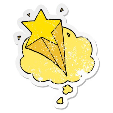 karikatür yıldızı ve sıkıntılı yıpranmış etiket olarak kabarcık düşünce