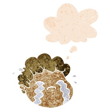 retro dokulu tarzında karikatür ağlayan çocuk ve düşünce balonu