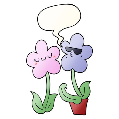 pürüzsüz degrade tarzında sevimli karikatür çiçek ve konuşma balonu