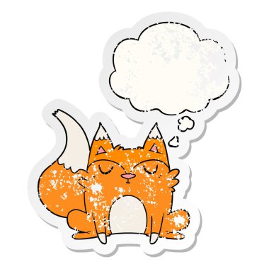 karikatür tilki ve sıkıntılı yıpranmış etiket olarak kabarcık düşünce