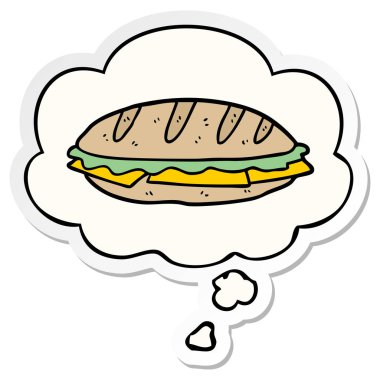 karikatür peynirli sandviç ve baskılı bir etiket olarak kabarcık düşünce