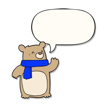 karikatür ayı eşarp ve konuşma kabarcık etiket giyen