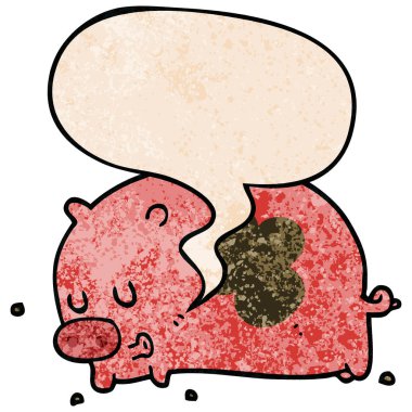 retro doku tarzında sevimli karikatür domuz ve konuşma balonu