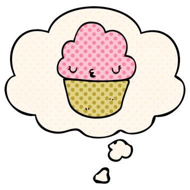 çizgi roman tarzında yüz ve düşünce balonu ile karikatür cupcake