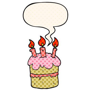 çizgi roman tarzında karikatür doğum günü pastası ve konuşma balonu