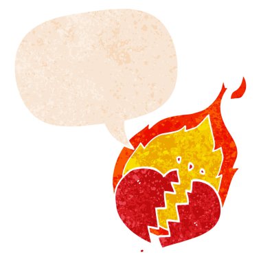 retro dokulu tarzda karikatür yanan kalp ve konuşma balonu