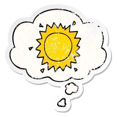 karikatür güneş ve sıkıntılı yıpranmış etiket olarak kabarcık düşünce