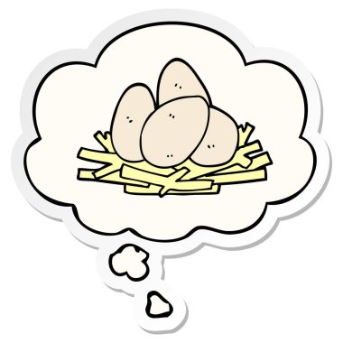 yuvada karikatür yumurta ve basılı bir etiket olarak kabarcık düşünce