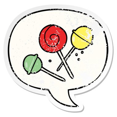 karikatür geleneksel lolipop ve konuşma balonu sıkıntılı sticke