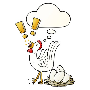 karikatür tavuk yumurtlama yumurta ve pürüzsüz degrade içinde kabarcık düşünce