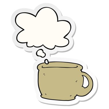karikatür kahve fincanı ve baskılı bir etiket olarak düşünce balonu