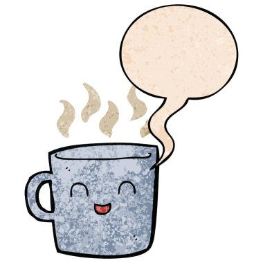 retro doku tarzında sevimli kahve fincanı karikatür ve konuşma balonu