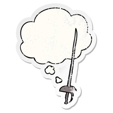 karikatür kılıç ve sıkıntılı yıpranmış etiket olarak kabarcık düşünce