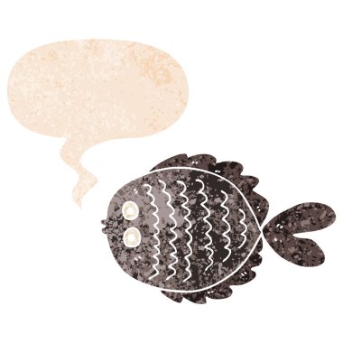 retro dokulu tarzda karikatür düz balık ve konuşma balonu